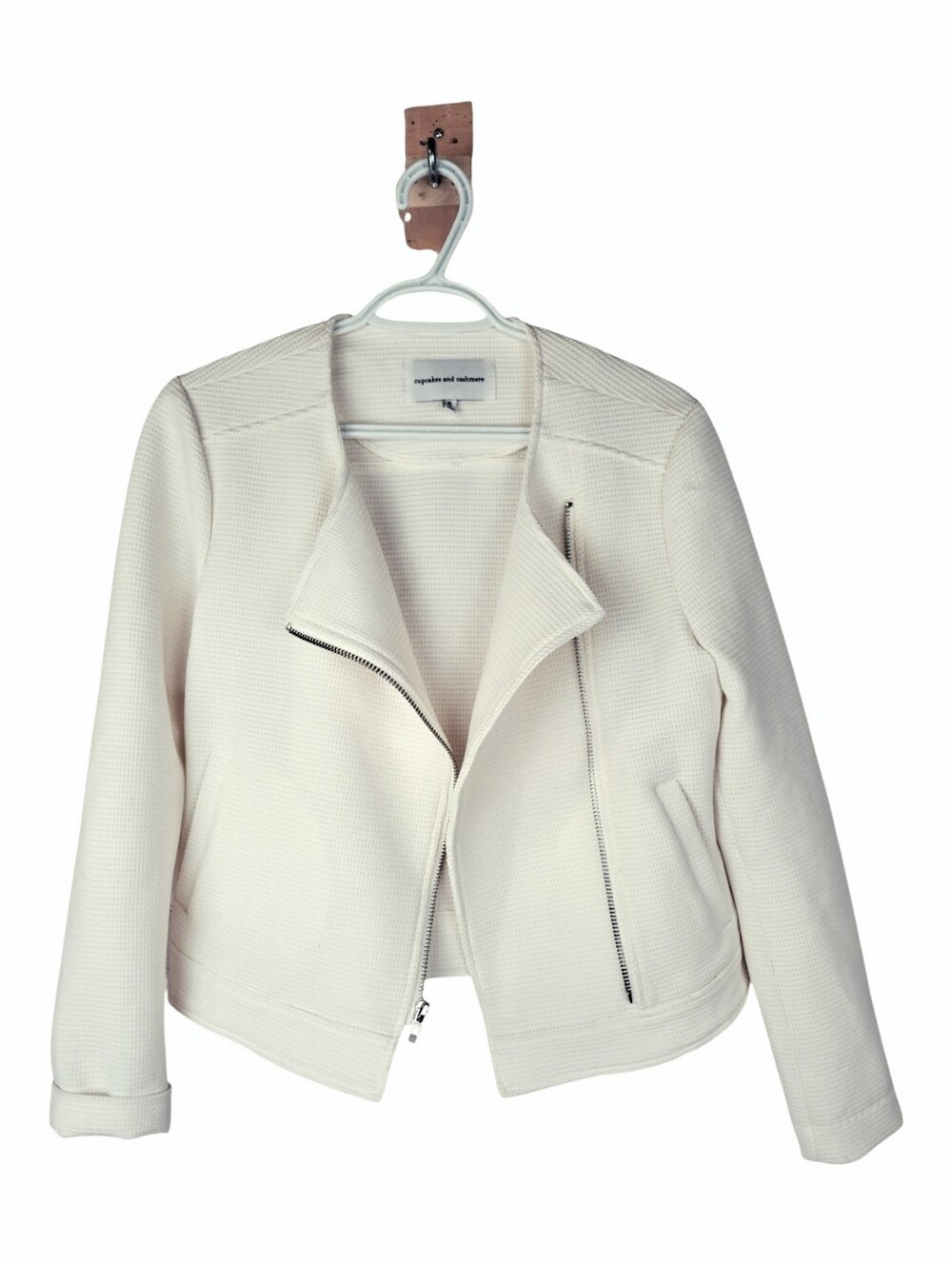 Cupcakes and Cashmere Cream Textured Knit Asymmetrical Zip Moto Jacket - Size S